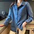 thumbnail image 1 of QATAINLAV Women's Long Sleeve Denim Jean Shirts Button Down Lapel Collar Shacket Business Casual Tops with Pockets Blue S, 1 of 7