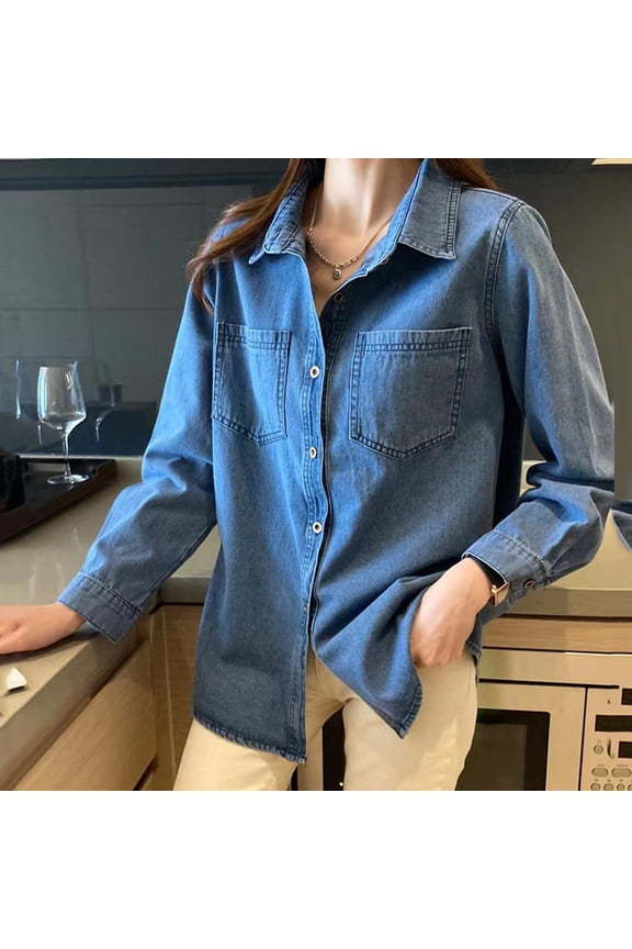 Women's Long Sleeve Denim Jean Shirts Button Down Lapel Collar Shacket Business Casual Tops with Pockets Blue S