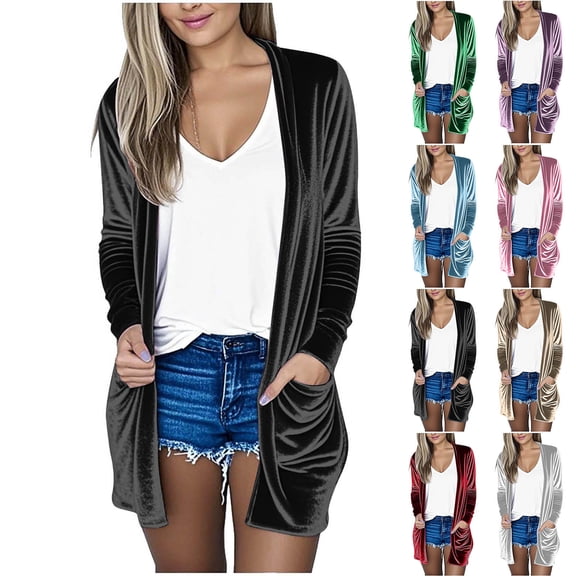 QATAINLAV Women's Long Sleeve Lapel Velvet Jacket Solid Casual Open Front Cardigan Coat with Pockets Fall Winter Outerwear Black XL