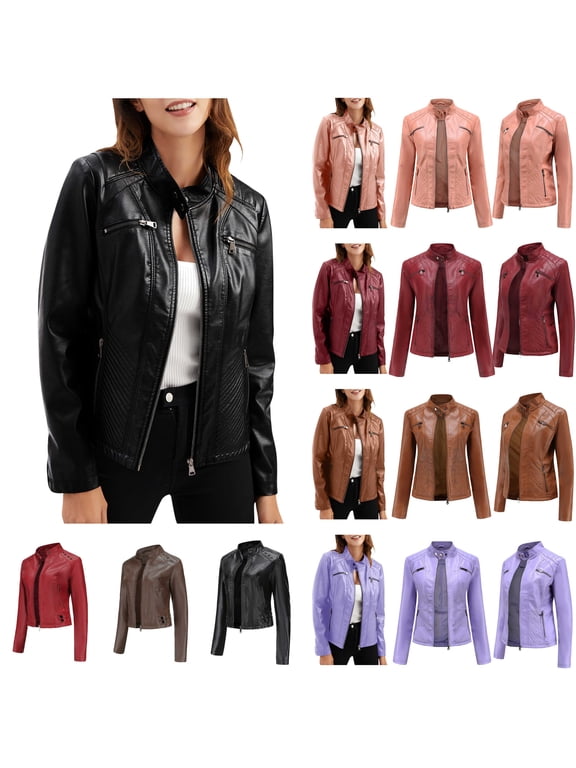 Women's Long Sleeve Leather Jacket Casual Faux Leather Zipper Motorcycle Bike Coats with Pockets Fashion Outerwear, Coffee, XXL