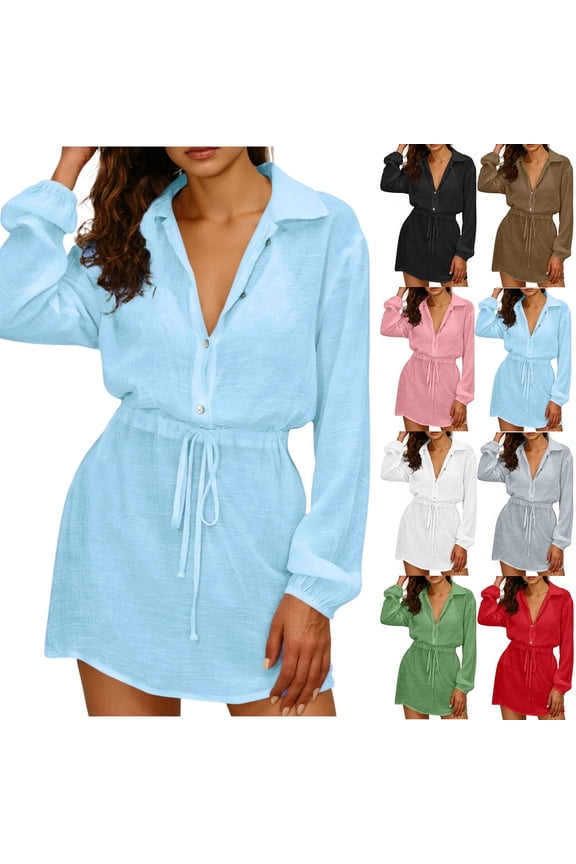 Women's Long Sleeve T-Shirts Dress Quarter Button Collar Drawstring Cinched Waist Mini Dresses Gray S