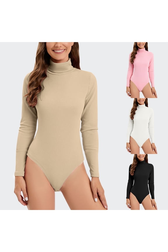 Women's Long Sleeve Turtleneck Rompers Ribbed Knit Stretchy Bodysuit Solid Casual Leotard Jumpsuits Slim Fit Tights White L