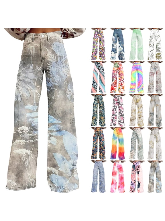 Women‘s Loose Fit Wide Leg Jeans Trendy Floral Print Palazzo Pants Casual Button High Waisted Denim Trousers Streetwear Back to College Sale Multicolor M