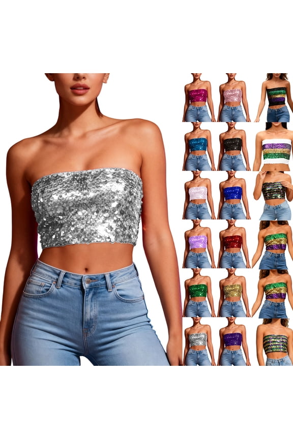 Women's Mardi Gras Sequin Tube Top Sleeveless Strapless Sparkly Crop Tops Casual Backless Glitter Cute Clubwear Black