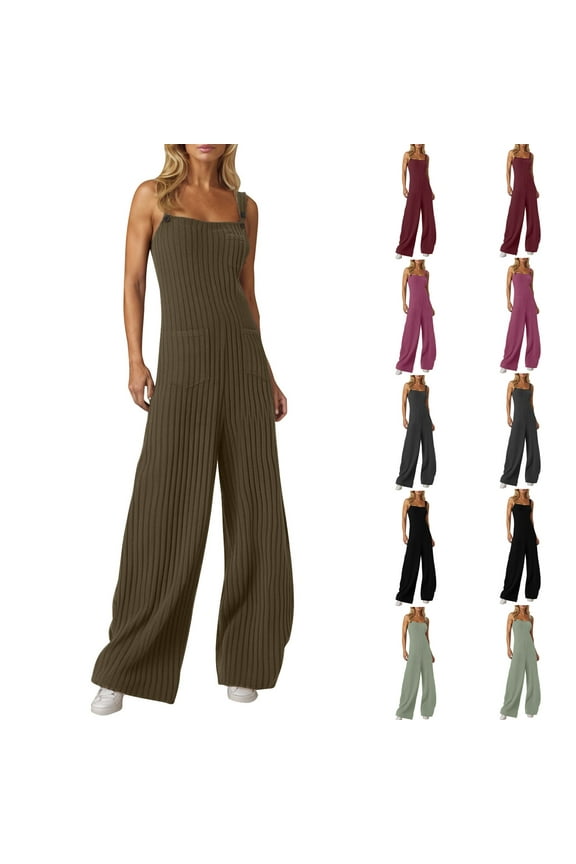 Women's Maternity Spaghetti Strap Ribbed Knit Jumpsuits Solid Casual Loose Wide Leg Rompers Sleeveless Camisole Button Overalls with Pockets Dark Gray M