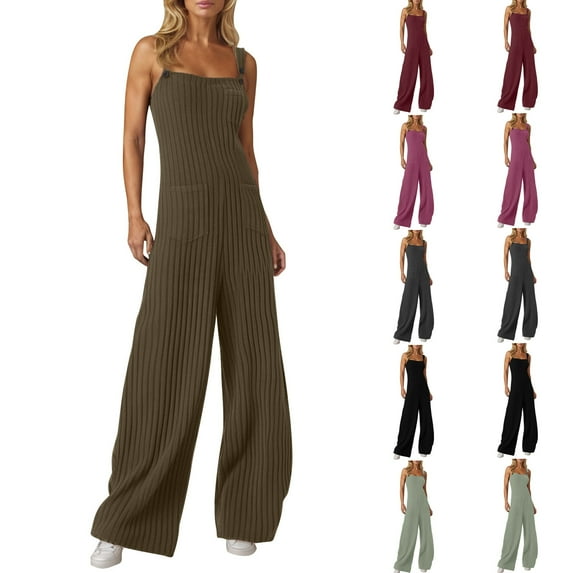 QATAINLAV Women's Maternity Spaghetti Strap Ribbed Knit Jumpsuits Solid Casual Loose Wide Leg Rompers Sleeveless Camisole Button Overalls with Pockets Wine S Gifts for Mom