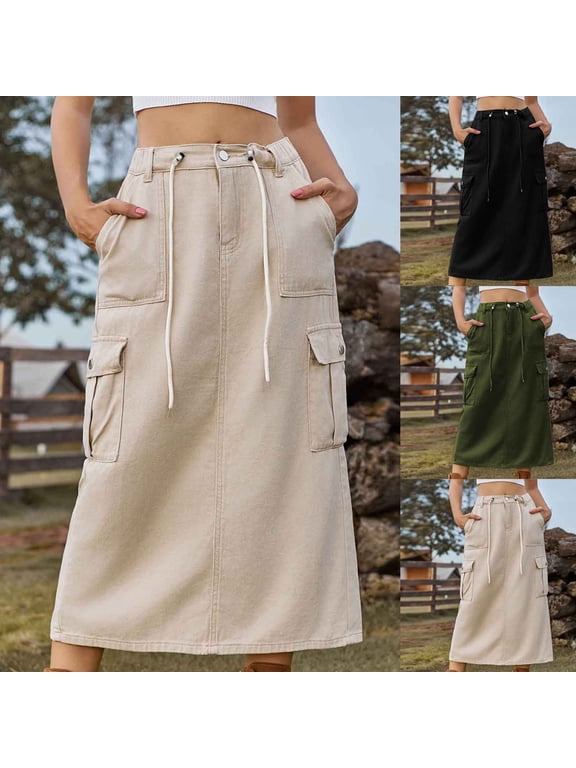 Women's Maxi Long Denim Skirts High Waist Split A line Jean Skirt Y2k Cargo Casual Skirts with Pockets, Khaki, XL,