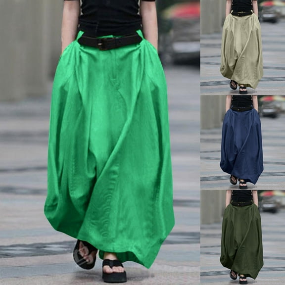QATAINLAV Women's Maxi Skirt Pleated Flowy Button High Waisted Skirts Casual Loose Plus Size Clothes with Pockets, Army Green, XXXXL, Mother's Day Gifts