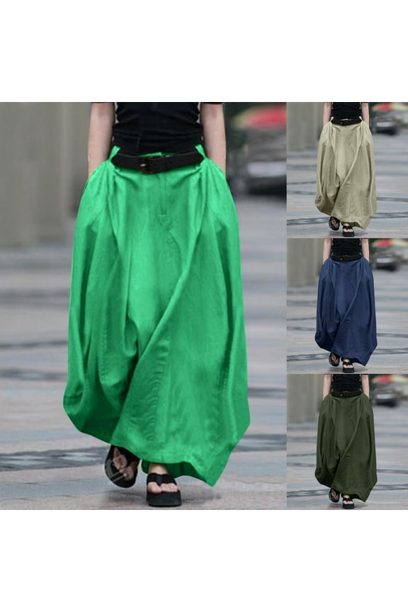 Women's Maxi Skirt Pleated Flowy Button High Waisted Skirts Casual Loose Plus Size Clothes with Pockets, Dark Blue, XXXL, Gifts for Mom