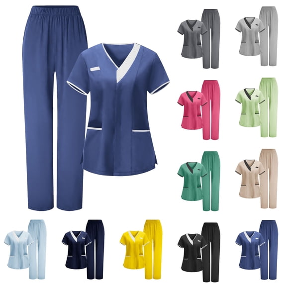 QATAINLAV Women's Medical Uniform Workwear 2 Piece Outfits Summer Short Sleeve Top and Pants Nurse Aesthetic Sets Black XXL