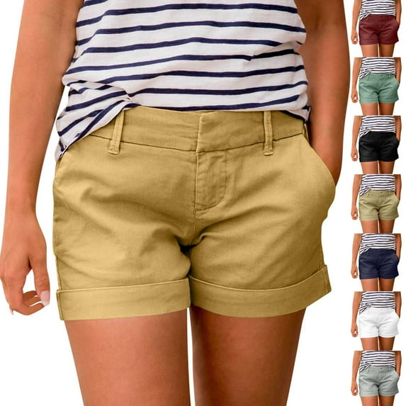 QATAINLAV Women's Mid Rise Cuffed Folded Hem Bermuda Shorts with Pockets Elastic Waist Hiking Shorts Business Casual Outfits Black M Gifts for Mom