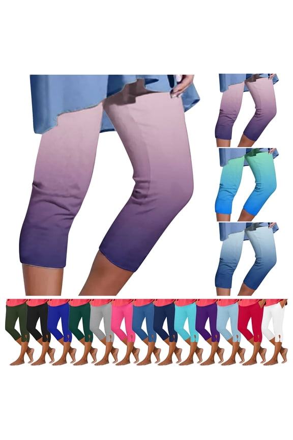 Women's Milk Silk Soft Yoga Capri Pants Fashion Gradient Print Cropped Leggings Outdoor Plus Size Running Legging Capris Blue L