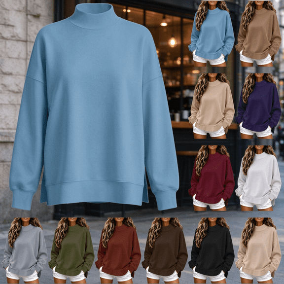QATAINLAV Women's Mock Neck Sweatshirt Fall Long Sleeve Side Slits Hem Pullover Casual Loose Oversized Tops