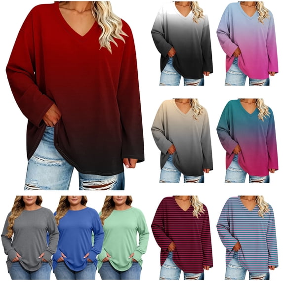 QATAINLAV Women's Ombre Print Plus Size Shirts Long Sleeve V Neck Casual Tunic Blouse Going Out Tops
