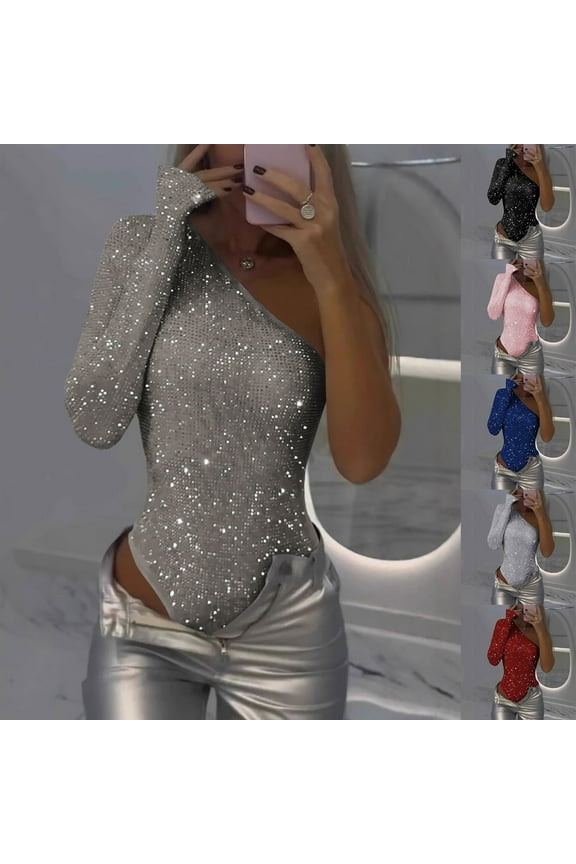 Women's One Shoulder Sequin Bodysuits Sparkly Glitter Long Sleeve One Piece Tops 2025 Slim Jumpsuits for Wedding Guest Black M Birthday Gifts