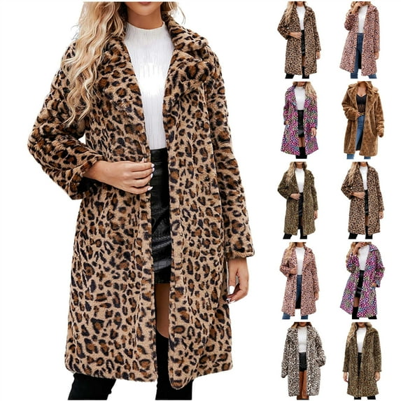 QATAINLAV Women's Open Front Long Trench Coat Fashion Leopard Print Faux Fur Cardigans Casual Lapel Collar Fleece Jacket, Green, M