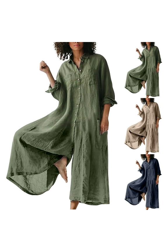 Women's Oversized Jumpsuits Loose Fit Wide Leg One Piece Pants Cotton Linen Long Sleeve Romper Casual Button Turn Down Collar Overalls Green XXL