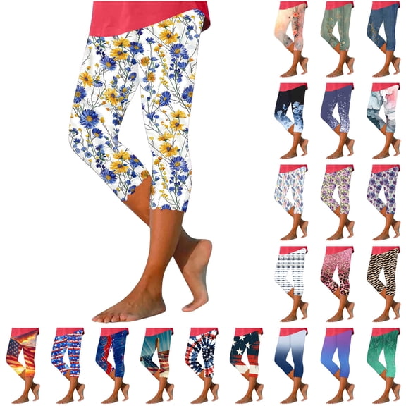 QATAINLAV Women's Patriotic Capri Pants Elastic Waist American Flag Athletic Yoga Leggings 4th of July Workout Cropped Trouser Blue XXXXL Gifts for Mom