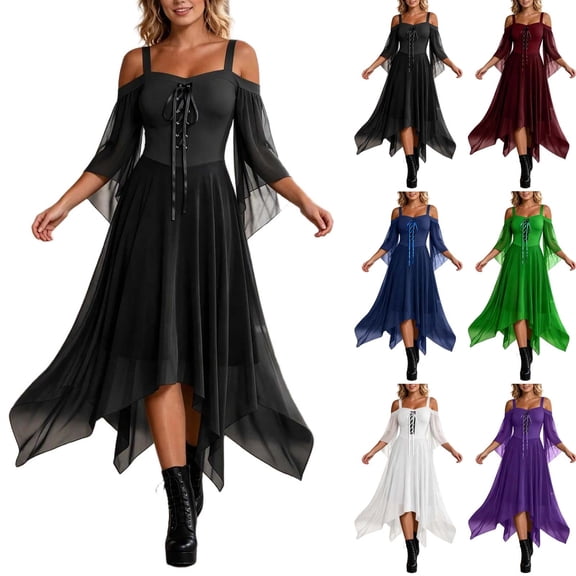 QATAINLAV Women's Pirate Costume Halloween Cold Shoulder Gothic Dress Mesh Flare Sleeve Asymmetrical Hem Medieval Dresses
