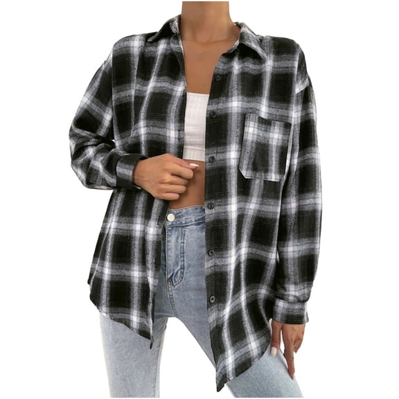 QATAINLAV Women's Plaid Long Sleeve Shirt Casual Button Down Lapel Jacket 2024 Fall Fashion Shacket Cardigans with Pockets Christmas Clearance Dark Gray M