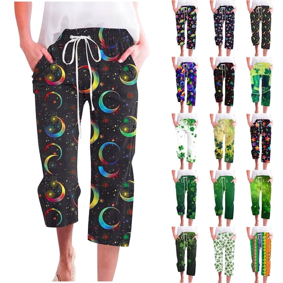 QATAINLAV Women's Planet Graphic Print Capri Pants Summer Lightweight Linen Cropped Sweatpants Casual High Waist Drawstring Straight Leg Capris with Pockets Multicolor L Ofertas Flash