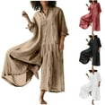 thumbnail image 1 of QATAINLAV Women's Plus Size Wide Leg Overalls, Solid Turn Down Collar Cotton Linen Romper Casual Button 7/8 Sleeve Jumpsuits Loose Fit One Piece Pants White XXXL, 1 of 7