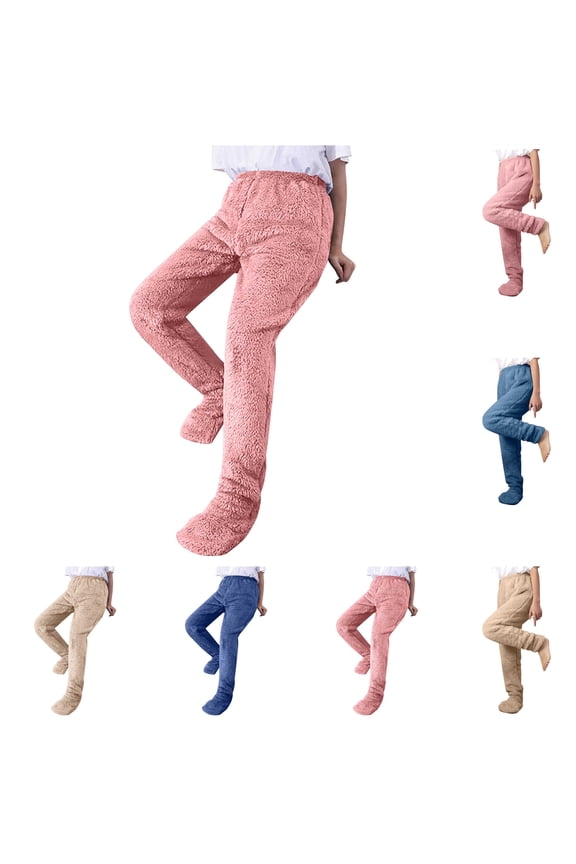 Women's Plush Fleece Footed Pajama Pants Comfy Soft Winter Warm Lounge Trousers Solid Casual Elastic Waist Sleep Bottoms, Blue, M