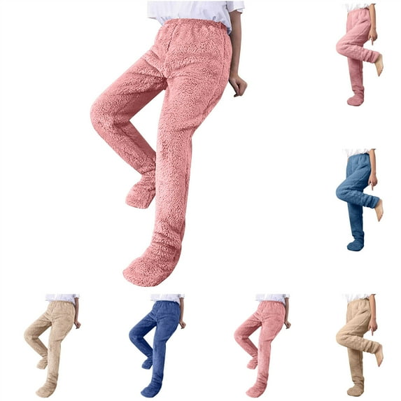 QATAINLAV Women's Plush Fleece Footed Pajama Pants Comfy Soft Winter Warm Lounge Trousers Solid Casual Elastic Waist Sleep Bottoms, Khaki, L