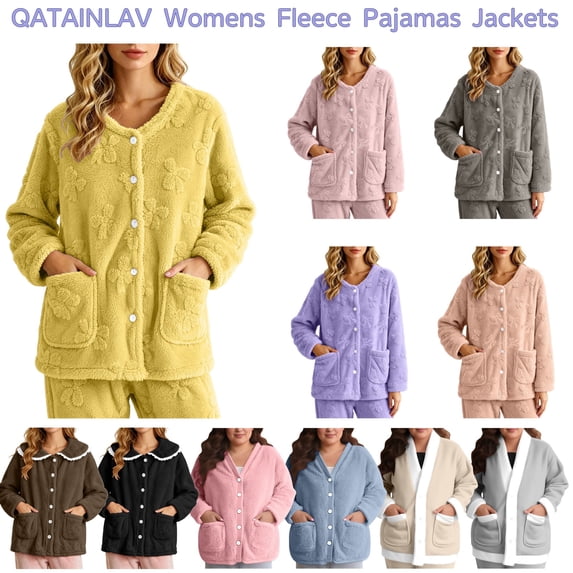 QATAINLAV Women's Plush Pajama Tops Long Sleeve Button Down Fleece Bed Jackets Fall Winter Fuzzy Coats with Pockets Yellow M