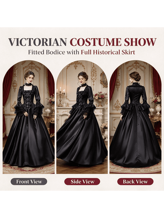 Women's Princess Costume Maxi Dress Renaissance Victorian Flare Sleeve Party Dress Court Retro Maxi Dress Halloween Cosplay Costume Black XXL