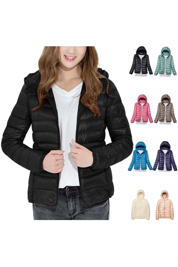 Women's Puffer Jacket Long Sleeve Zip Up Hooded Winter Coats Lightweight Down Quilted Jackets with Pockets, White, L