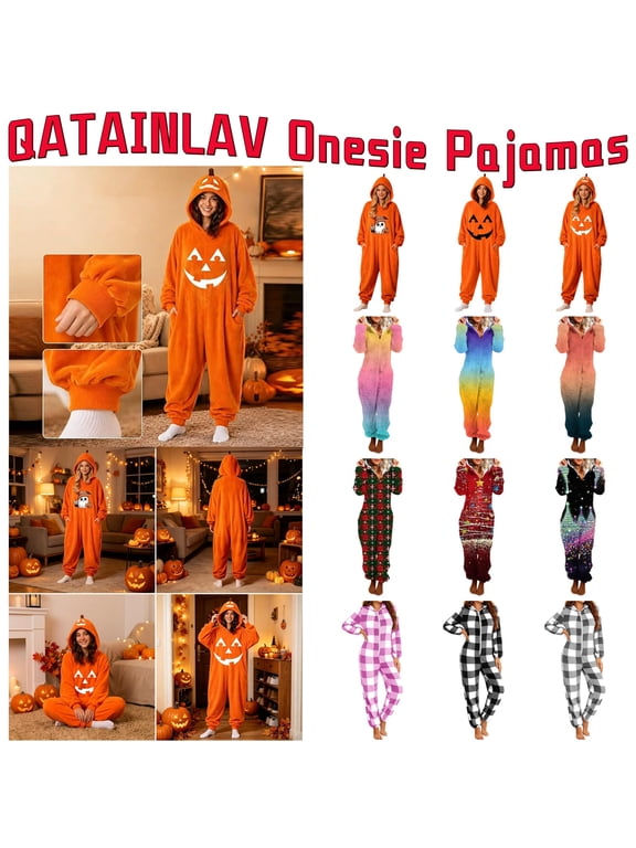 Women's Pumpkin Lantern Hooded Zipper Jumpsuit Halloween Soft Plush Fall Winter Onesie Pajamas Orange S
