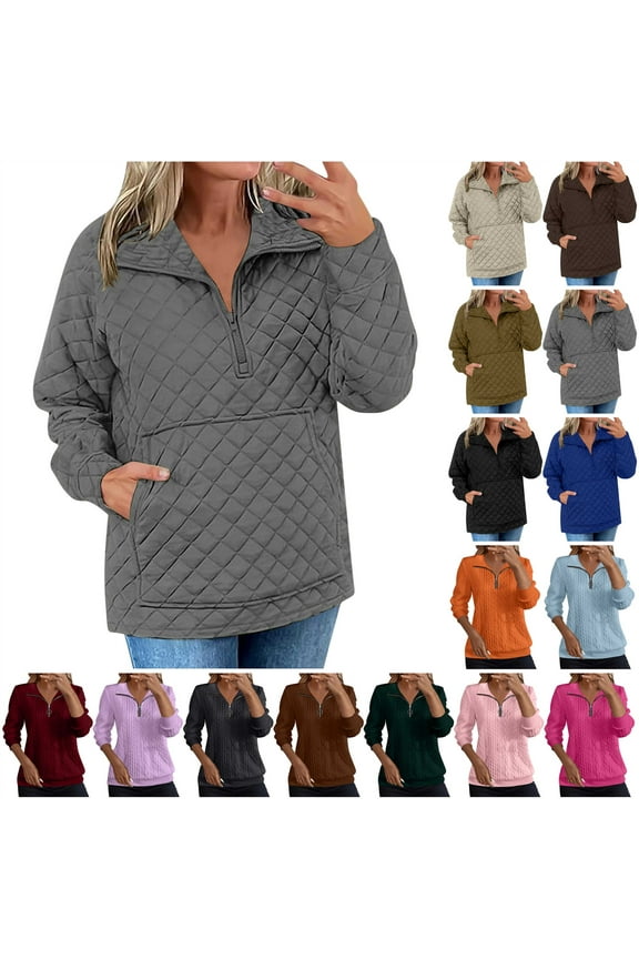 Women's Quarter Zip Pullover Tops Casual Jacquard Long Sleeve Sweatshirts Solid Color Business Shirts, Green, XXL