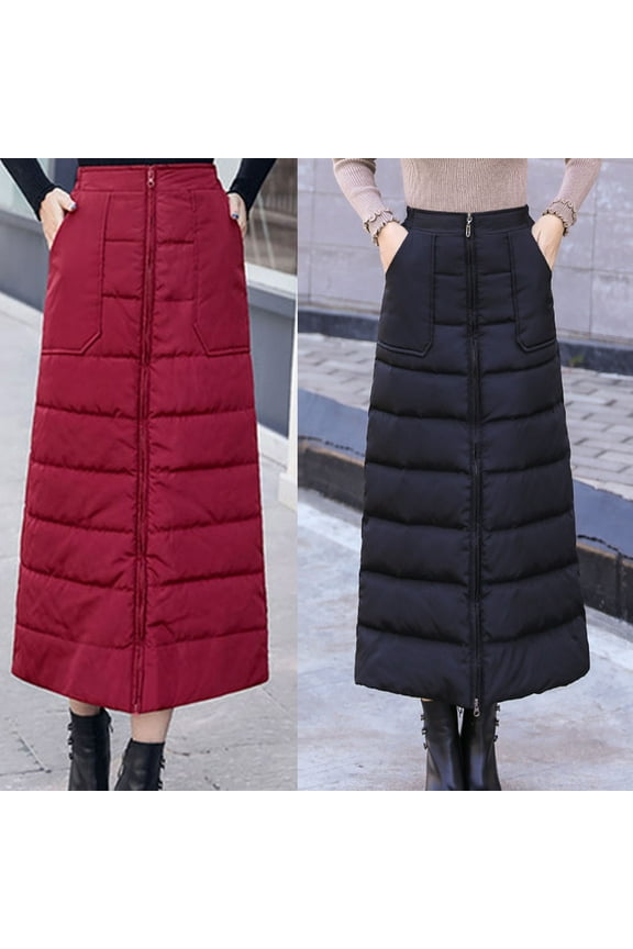 Women's Quilted Puffer Long Skirts Fall Winter Warm Down Wrap Skirt Solid Color Full Zipper Snow Skirts with Pockets, Black, M(XL), Mother's Day Gifts