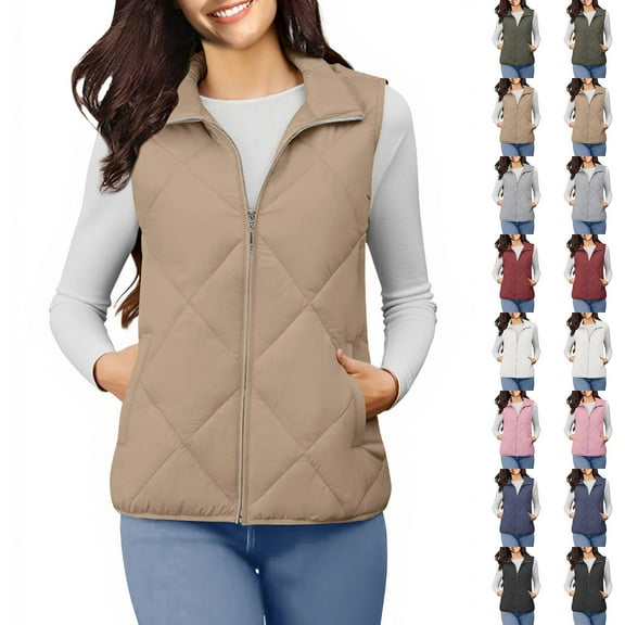 QATAINLAV Women's Quilted Vest Stand Collar Lightweight Zip Padded Gilet Casual Sleeveless Jackets Coats Outerwear with Pockets, Khaki, S