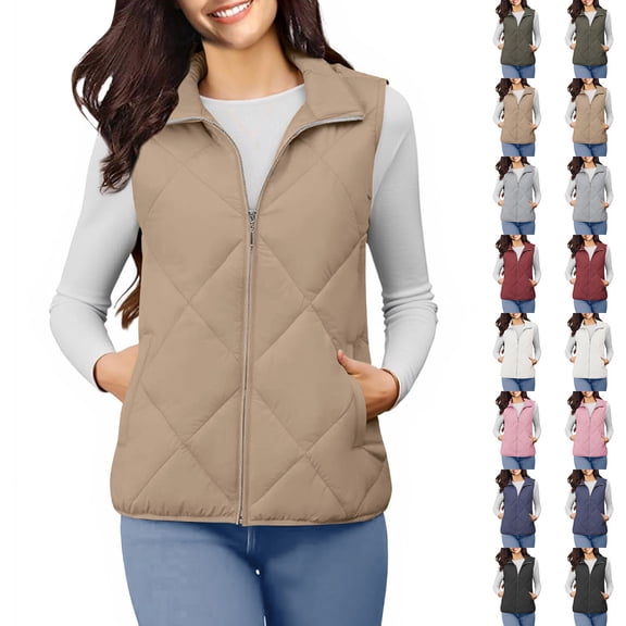 QATAINLAV Women's Quilted Vest Stand Collar Lightweight Zip Padded Gilet Casual Sleeveless Jackets Coats Outerwear with Pockets Wine M