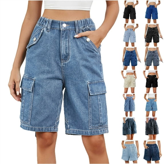 QATAINLAV Women's Raw Hem Ripped Bermuda Jeans High Waist Zipper Button Denim Shorts Casual Straight Wide Leg Knee Length Jeans Light Blue XL Clearance Sale