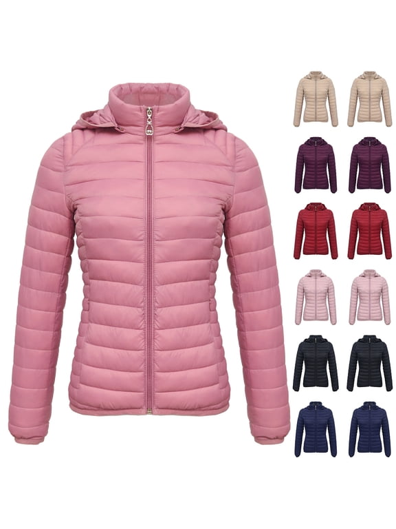 Women's Removable Hood Puffer Jackets Full Zip Short Down Coat Solid Color Long Sleeve Down Jacket Winter Outwear, Hot Pink, S