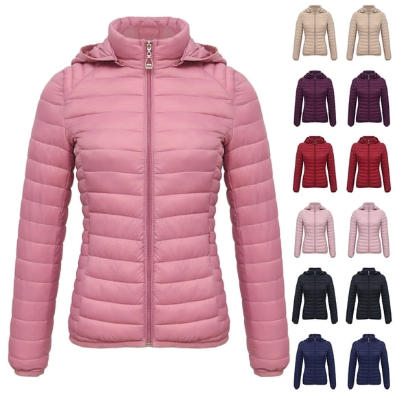 QATAINLAV Women's Removable Hood Puffer Jackets Full Zip Short Down Coat Solid Color Long Sleeve Down Jacket Winter Outwear, Khaki, S