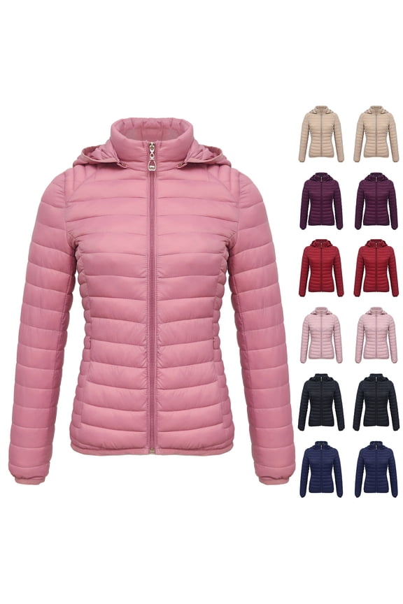 Women's Removable Hood Puffer Jackets Full Zip Short Down Coat Solid Color Long Sleeve Down Jacket Winter Outwear, Navy, L