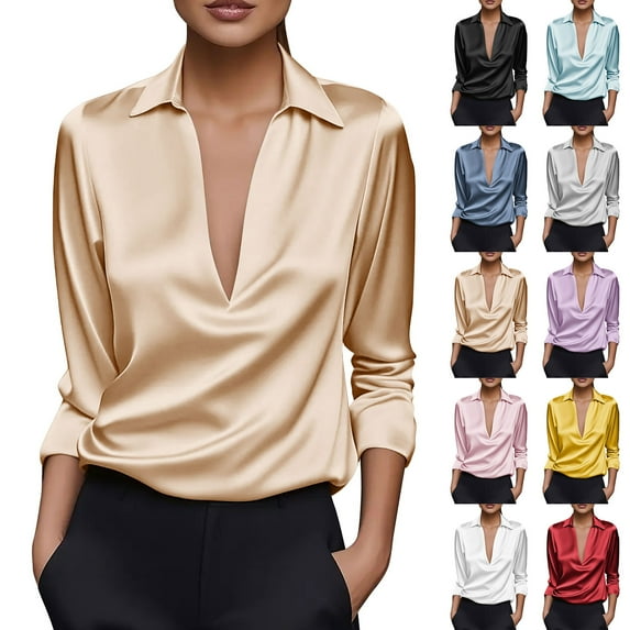 QATAINLAV Women's Satin Long Sleeve Shirts Solid Color Collar V Neck Work Tops Dressy Casual Business Office Outfits, Blue, M