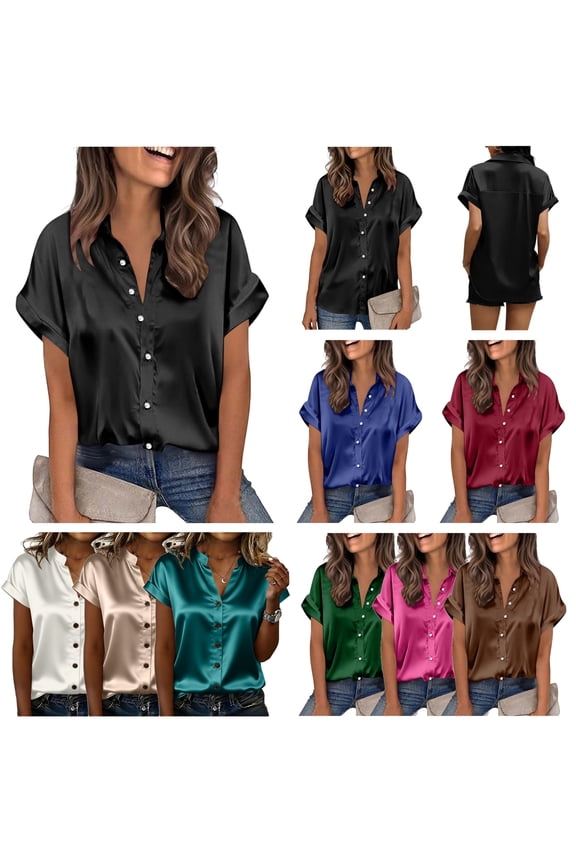 Women's Satin Silk Blouses Summer Button Down Short Sleeve Shirts Solid Casual Office Tunic Tops White M
