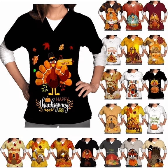 QATAINLAV Women's Scrubs Tops Cute Pumpkin Printed Tee V Neck Short Sleeve Nursing Scrubs Top with Pockets