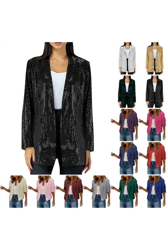 Women's Sequin Blazer Casual Laple Long Sleeve Sparkle Jacket Fashion Open Front Shiny Suit 2024 Festival Evening Party Glitter Coat Sales Today Silver XL