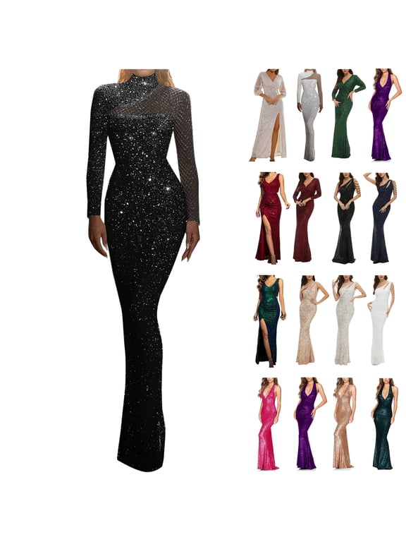 Women's Sequin Dresses Short Sleeve Sparkly Glitter Evening Party Dress Cocktail Elegant Long Maxi Dresses Khaki L