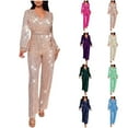 thumbnail image 1 of QATAINLAV Women's Sequin Jumpsuit Party Clubwear Glitter Shiny Wrap V Neck Long Sleeve Romper Slim Fit Straight Wide Leg One Piece Pants Dark Blue XXXL, 1 of 4