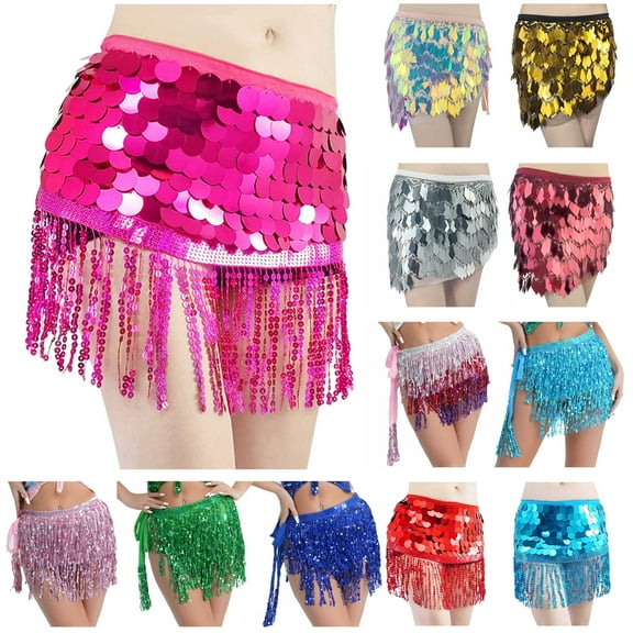 QATAINLAV Women's Sequin Tassel Skirt Wrap Belly Dance Sparkling Skirts Fringe Hip Scarf for Festival Wedding Party, Hot Pink,