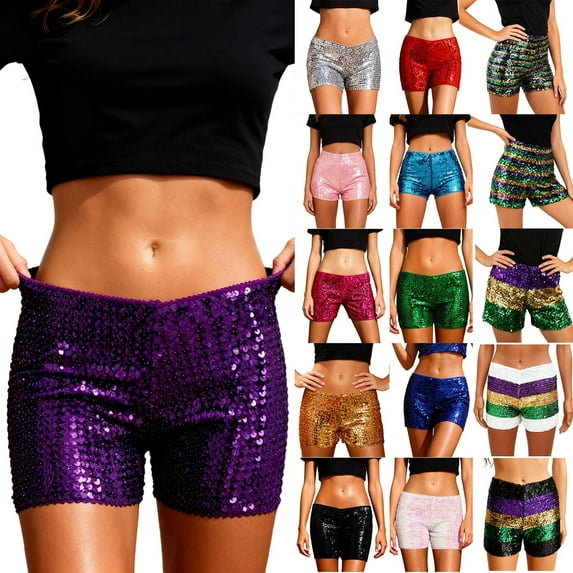 QATAINLAV Women's Sequins Carnival Shorts Color Block Stretchy Elastic High Waisted Cute Sparkly Night Out Party Shorts Multicolor