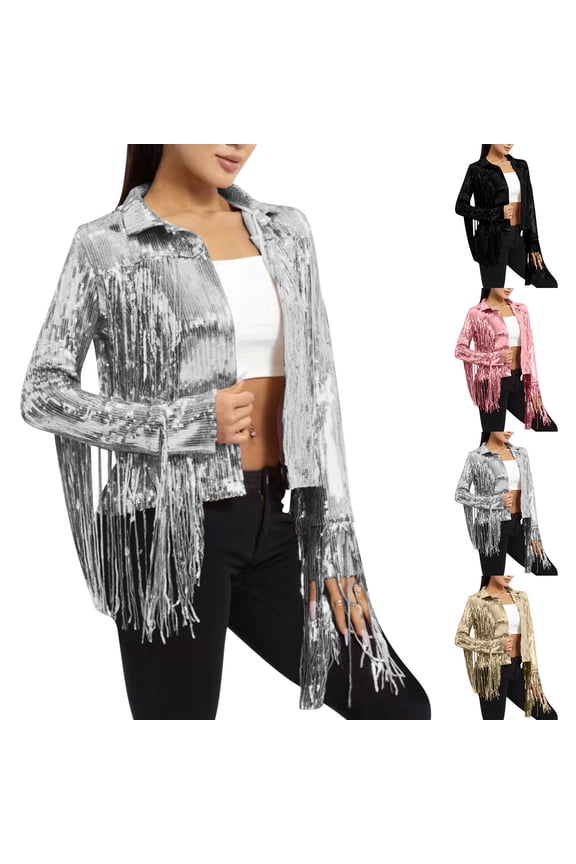 Women's Sequins Tassel Bomber Jackets Glitter Lapel Long Sleeve Blazers Clubwear Trendy Sparkly Fringe Open Front Coat, Pink, L