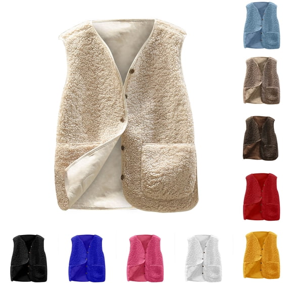 QATAINLAV Women's Shaggy Teddy Vest with Pockets Fall Winter Short Sleeveless Fleece Jacket Button Open Front Lamb Wool Outerwear Beige L